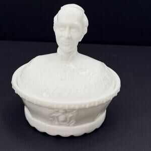 Antique C. 1905 RARE Pope Leo XIII White Milk Glass Figural Covered Candy Dish
